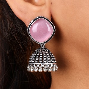 Women's Pink <b>Oxidized</b> Silver Imitation Pearl Drop Jhumka Earrings | Handmade Ethnic Antique Silver Plated Brass Zinc Alloy Boho - Product Image 2