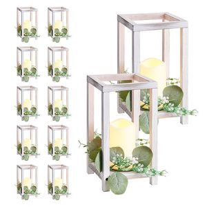 Set di 12 Lanterne in Legno per Centrotavola Matrimoniale, Include 12 Portacandele in Legno e 12 Decorazioni LED Senza Fiamma per Matrimoni - Product Image 1