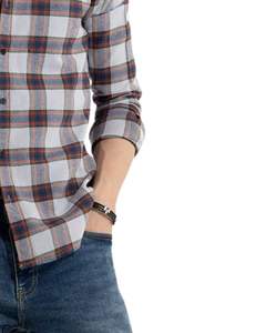 เสื้อเชิ้ตผ้าฝ้ายลายสก็อตสีเทาอ่อนและสีน้ำตาลสนิม แขนยาว ติดกระดุม ทรงลำลอง สั่งผลิตได้ตามแบบ OEM  ทรงพอดีตัว - Product Image 6