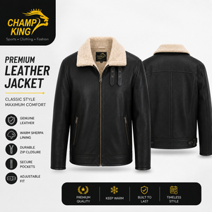 เสื้อแจ็คเก็ตหนังแท้สำหรับผู้ชาย CHAMP KING บุซับในขนเชอร์ปา ปิดด้วยซิป - Product Image 1