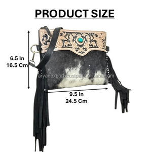 Western Style Hand Tooled Cowhide Leather Turquoise Stone <b>Large</b> Capacity Fringe Bags Designer Boho Style HandBag for Travel - Product Image 2