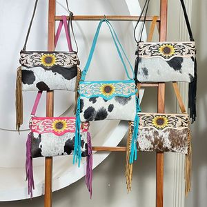 Bolsos de Cuero Vacuno Repujado a Mano de Lujo con Flecos, Diseño de Girasol, Gran Capacidad, Bolso Bandolera para Mujer - Product Image 5