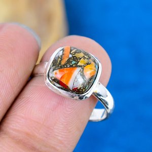 Natural Multi Spiny Copper Turquoise Cushion Cab Gemstone Sterling Silver Plated Handmade Bezel <b>Statement</b> <b>Ring</b> For Girl - Product Image 1