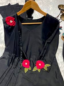 Women's Black Embroidered <b>Kurta</b> With Red Rose Applique Floor-Length Traditional Indian Pakistani Party Wear Fit Polyester <b>Dress</b> - Product Image 4