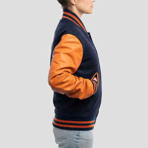 Premium Women's Wool & Leather Varsity Bomber Jacket Premium Wool Body Leather Sleeves Ribbed Cuffs & Snap <b>Button</b> - Product Image 2