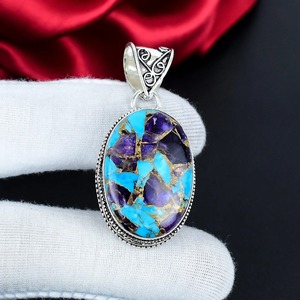 Blue <b>Copper</b> Turquoise Oval Bezel Setting Pendant 925 Sterling Silver Handmade Gemstone Necklace Wholesale Jewelry Unisex - Product Image 1