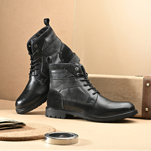 Bottes de combat en cuir noir pour hommes, bottines à lacets, bottes de travail à bout rond avec semelle en caoutchouc robuste pour l'extérieur et les occasions décontractées - Product Image 6