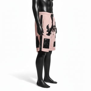 Pantalones cortos cortavientos de poliéster taslan premium de 130 GSM, color rosa con paneles laterales negros, parche de goma con bordado de logotipo personalizado para hombre. - Product Image 5