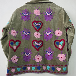 Morvi-Fab 2026 #69 <b>Women</b>’s Olive Green Embroidered Cotton Jacket, Colorful Floral Suzani Embroidery, Boho Casual <b>Outerwear</b> - Product Image 5
