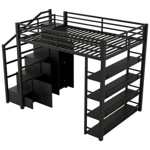 Lit mezzanine moderne en métal réglable, taille double, design industriel, avec étagère de rangement multifonctionnelle, mobilier de chambre pleine longueur - Product Image 6