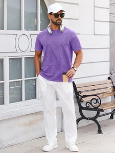 Camiseta de Manga Corta para Hombre, Color Morado Sólido, Cuello Redondo, Corte Regular, Informal, de Algodón Jersey - Product Image 4