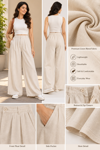 Pantalones Largos de Verano para Mujer, Color Beige, Cintura Alta, Pierna Ancha, Estilo Casual, Mezcla de Lino, Plisados, Corte Holgado - Product Image 6