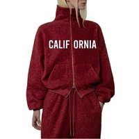 Sweat-shirt décontracté pour femme, couleur unie, col rond, fermeture éclair intégrale, ensemble de survêtement oversize en molleton, motif personnalisé, logo sur mesure