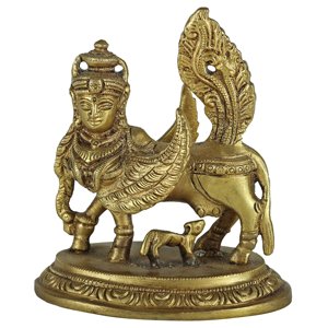 Escultura de latón de 3 pulgadas hecha a mano de vaca Kamadhenu que alimenta a su pantorrilla Obra DE ARTE India única para regalar - Product Image 1