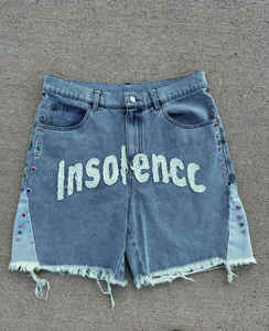 Custom Applique Embroidery Patch Logo Raw Hem Cut Rdge Jorts Jogger <b>Denim</b> <b>Shorts</b> Rhinestones Streetwear Jean <b>Shorts</b> - for Men - Product Image 1