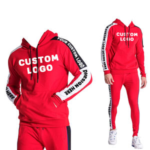 Ensemble de survêtement pour homme avec logo personnalisé, couleur rouge, en molleton, avec bande latérale, sweat à capuche et pantalon de jogging, 2 pièces, tenue décontractée, coupe slim, vêtements de sport et de gym - Product Image 1