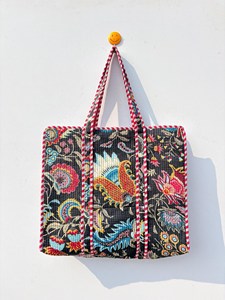 Sac fourre-tout en coton noir pour femmes, avec imprimé floral multicolore, style bohème, sac à main d'été décontracté avec fermeture éclair, sac de voyage pour femmes - Product Image 2