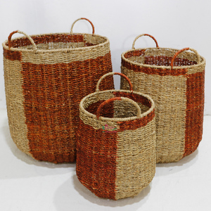 Paniers de rangement en jonc de mer naturel tressé à la main, écologiques, avec poignées, style rustique, multi-usages, forme ronde, ensemble de paniers de rangement pour la lessive - Product Image 1
