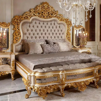 Lit King Size Haut de Gamme en Bois de Mahogany Massif Sculpté à la Main, Capitonnage Personnalisé, Style Antique Européen, pour Chambre d'Hôtel ou Appartement, avec Rangement Intégré