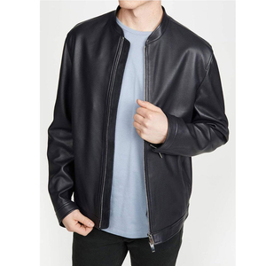 Veste de moto pour homme en cuir véritable noir, écologique, imperméable, col montant, fermeture éclair, respirante, coupe ajustée, longueur standard - Product Image 5