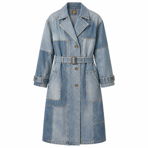 Manteau trench en jean patchwork rétro unisexe bleu vintage léger long style grunge streetwear - Product Image 2