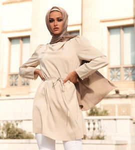 Robe longue droite en maille pour femme, style modeste, à manches amples plissées, devant ouvert, couleur personnalisable, coupe naturelle, pour femme musulmane - Product Image 1