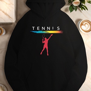 เสื้อฮู้ดพิมพ์ลายถักแบบลำลองสำหรับผู้หญิง ลายเงาผู้เล่นเทนนิสสีแดง - Product Image 2