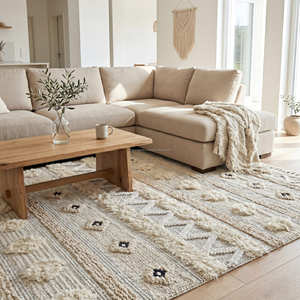Alfombra de área boho de lujo en negro y crema con flecos, alfombra de algodón de pelo alto duradera, decoración rústica, tapete boho chic de diseñador - Product Image 6