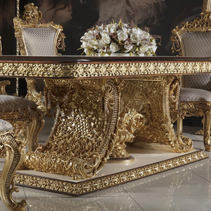 Ensemble de table à manger de luxe au design européen, en bois de mahogany massif, sculpté à la main avec feuille d'or, mobilier de salle à manger pour hôtel de villégiature - Product Image 4