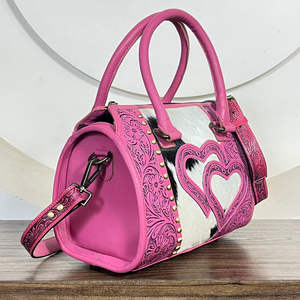 Sac de voyage Western en cuir véritable fait main avec motif cœur incrusté et gravure florale, sacs de voyage en cuir à poils pour femmes - Product Image 4