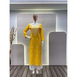 DISEÑADOR RAYON ALGODÓN BORDADO TRABAJO KURTI CON PALAZZO MOSTAZA - Product Image 2