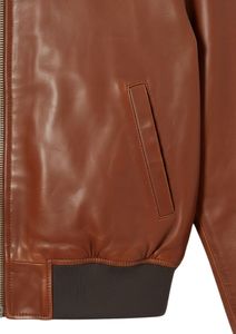 Blouson aviateur en cuir véritable pour homme, col rabattu, fermeture éclair, marron uni, coupe classique, pour l'automne - Product Image 4