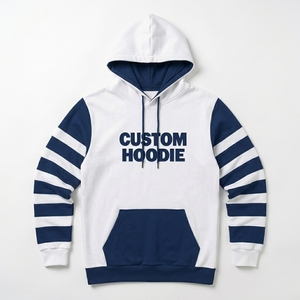 Sudadera con Capucha Personalizada para Hombre, Blanca con Rayas Azul Marino en las Mangas, Tejido Casual de 370g, Diseño con Bolsillo y Estampado Frontal, Corte Regular, para Otoño - Product Image 2