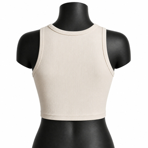 Top corto acanalado beige personalizado para mujer, sin mangas, para yoga, gimnasio, fitness, ropa deportiva, OEM, venta al por mayor, precio económico, transpirable. - Product Image 4
