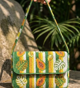 Bolso de hombro de moda con cuentas de hojas tropicales verdes, bolso cruzado con solapa de cuentas con patrón de hojas, bolso de noche, cartera de fiesta, pieza llamativa - Product Image 6