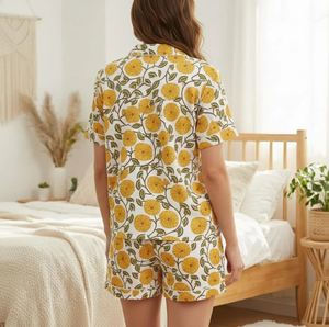Premium Women's Cotton Floral Print Pajama Set Elegant Short Sleeve Button-<b>Down</b> Collar Shirt Matching Summer Autumn Spring - Product Image 2