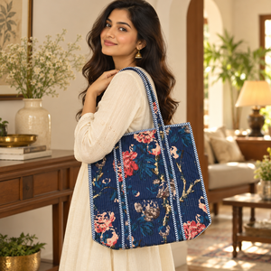 Artisan <b>Inspired</b> Navy Blue Cotton Quilted Tote <b>Bag</b> Romantic Floral Garden Print Women Shoulder Handbag <b>Wholesale</b> - Product Image 1