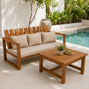 Sofá de Dos Plazas Moderno de Madera de Teca Sólida para Exteriores con Mesa de Centro, Muebles de Jardín de Lujo para Patio, Hotel, Resort, Villa - Product Image 3