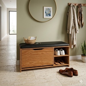Modern Wooden <b>Entryway</b> <b>Storage</b> Bench with Black Seat and <b>Shoe</b> Cubbies for Home Furniture - Product Image 6