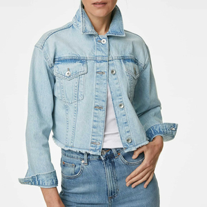 Light Washed Casual Women <b>Cropped</b> <b>Denim</b> <b>Jackets</b> Turn-down Collar Full Sleeve Trucker Style <b>Cropped</b> <b>Denim</b> <b>Jacket</b> - Product Image 1