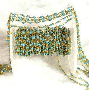 2mm Turquoise Beads <b>Rosary</b> Chain Gold Plated Brass Wire Wrapped Beaded Chain by the Foot for Jewelry Making DIY Necklace - Product Image 3