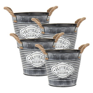 Nuevo Juego de 4 Macetas Galvanizadas y Cromadas con Asas de Cuerda, Personalizables, Modernas, Colgantes, Ecológicas, para Jardín y Hogar - Product Image 1