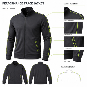 Veste de sport noire en polyester pour homme avec bordure vert citron, col montant, fermeture éclair, design sportif, logo personnalisé sur le devant - Product Image 3