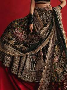 Elegant Black Embroidered Lehenga with Crop <b>Top</b> A-Line Floor-Length Modern Style Contrast Color Handwork Detailing Wrinkle Free - Product Image 4