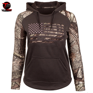 Sudadera con Capucha de Camuflaje para Mujer, Diseño de Corteza de Árbol y Color Marrón Oscuro, con Parche de la Bandera Estadounidense, para Caza al Aire Libre - Product Image 1