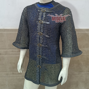 Mild Steel <b>Chainmail</b> <b>Shirt</b> with Leather Trim Flat Riveted with Washer Ring Full Sleeve Hauberk Armor for Adult Knight Costume - Product Image 3