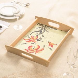 Plateau décoratif en bois fait main, rectangulaire, motif floral oriental, design peint à la main, cadre en bois par Curio Craft - Product Image 2