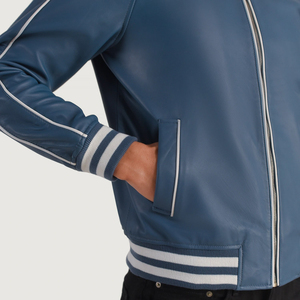 <b>Men</b> Horn Button Stand Collar Breathable Casual Cooper Blue Leather Varsity <b>Jacket</b> New Winter Collection Private Logo Front/Back - Product Image 6