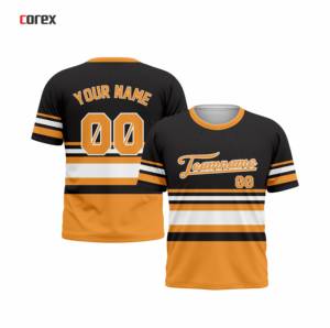 Camiseta de Manga Corta Tejida para Hombre, Color Negro Sólido, Amarillo Dorado y Blanco, con Estampado del Nombre del Equipo, Cuello Redondo, Corte Regular, Formal - Product Image 3
