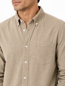 Chemise décontractée d'été en popeline de coton beige pour homme, à manches longues, col classique, poche poitrine unique, coupe droite - Product Image 3